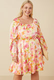 HY7674W Pink Mix Plus Lurex Floral Square Neck Peasant Sleeve Dress Pose