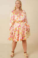 HY7674W Pink Mix Plus Lurex Floral Square Neck Peasant Sleeve Dress Full Body