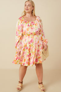 HY7674W Pink Mix Plus Lurex Floral Square Neck Peasant Sleeve Dress Full Body