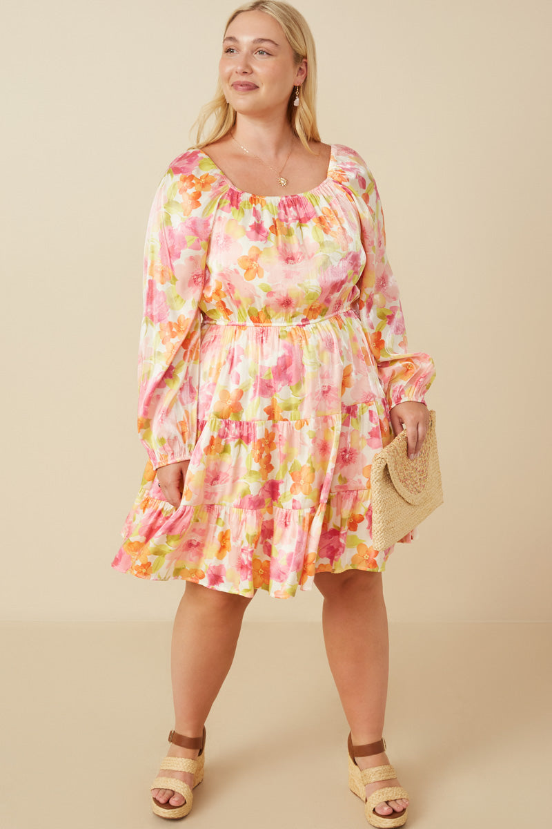 HY7674W Pink Mix Plus Lurex Floral Square Neck Peasant Sleeve Dress Full Body
