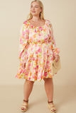 HY7674W Pink Mix Plus Lurex Floral Square Neck Peasant Sleeve Dress Full Body