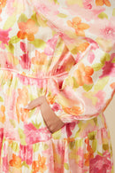 HY7674W Pink Mix Plus Lurex Floral Square Neck Peasant Sleeve Dress Detail