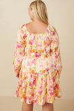 HY7674W Pink Mix Plus Lurex Floral Square Neck Peasant Sleeve Dress Back