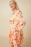 HY7674W Pink Mix Plus Lurex Floral Square Neck Peasant Sleeve Dress Side