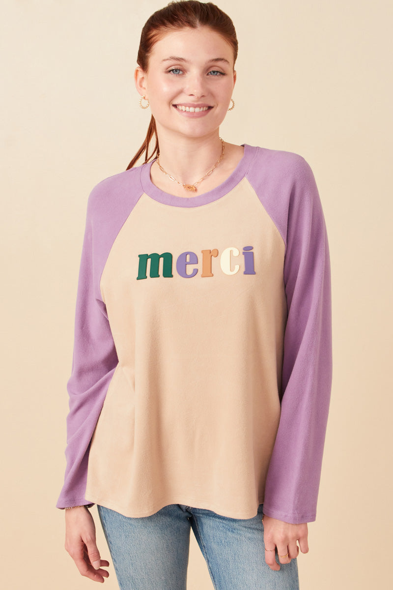 Merci Applique Brushed Color Block Raglan Top