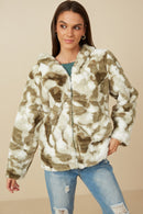 HY7690 Green Womens Camo Print Plush Hooded Jacket Pose