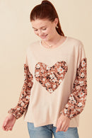 Womens Botanical Contrast Heart Patch French Terry Knit Top Front