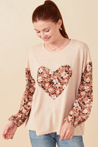 Womens Botanical Contrast Heart Patch French Terry Knit Top Front