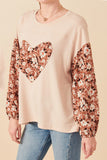 Womens Botanical Contrast Heart Patch French Terry Knit Top Detail