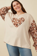 Plus Botanical Contrast Heart Patch French Terry Knit Top Pose