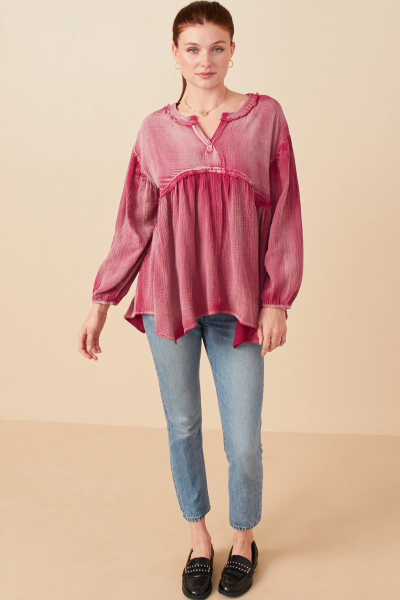 Washed Raw Edge Puff Sleeve Peplum Top