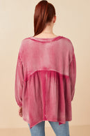 Womens Washed Raw Edge Puff Sleeve Peplum Top Back