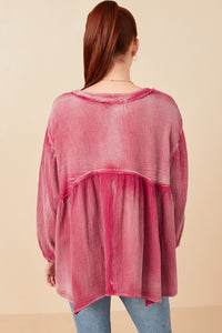 Womens Washed Raw Edge Puff Sleeve Peplum Top Back