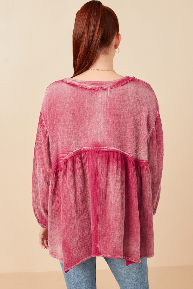 Womens Washed Raw Edge Puff Sleeve Peplum Top Back