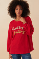 Womens Handknit Tinsel Holly Jolly Verbiage Ribbed Knit Top Front