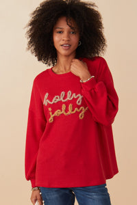 Womens Handknit Tinsel Holly Jolly Verbiage Ribbed Knit Top Front