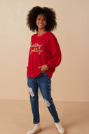 Womens Handknit Tinsel Holly Jolly Verbiage Ribbed Knit Top Full Body