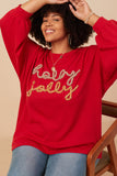 Plus Handknit Tinsel Holly Jolly Verbiage Ribbed Knit Top Pose