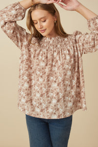 Womens Floral Smocked Yoke Long Sleeve Top Pose