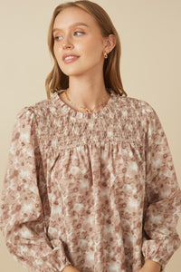 Womens Floral Smocked Yoke Long Sleeve Top Detail