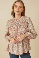 Womens Floral Smocked Yoke Long Sleeve Top Front