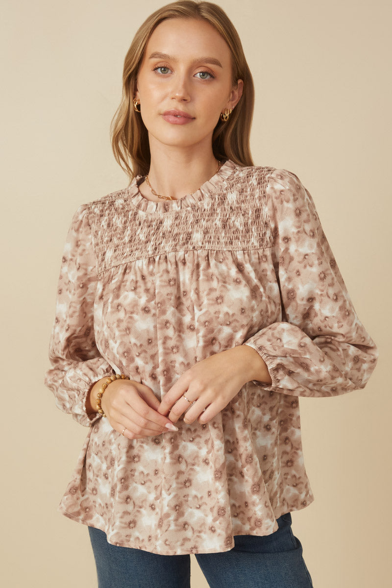 Womens Floral Smocked Yoke Long Sleeve Top Front