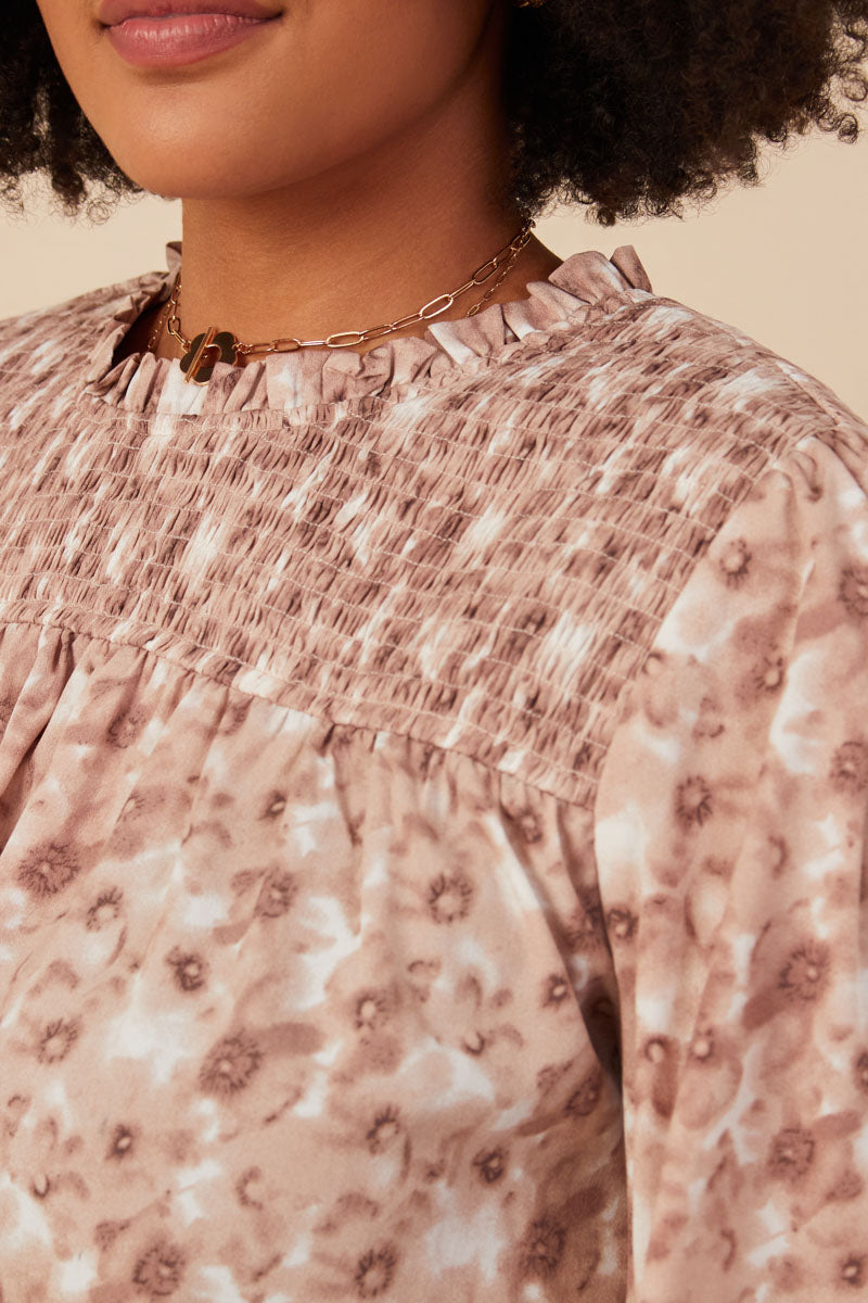 Plus Floral Smocked Yoke Long Sleeve Top Detail