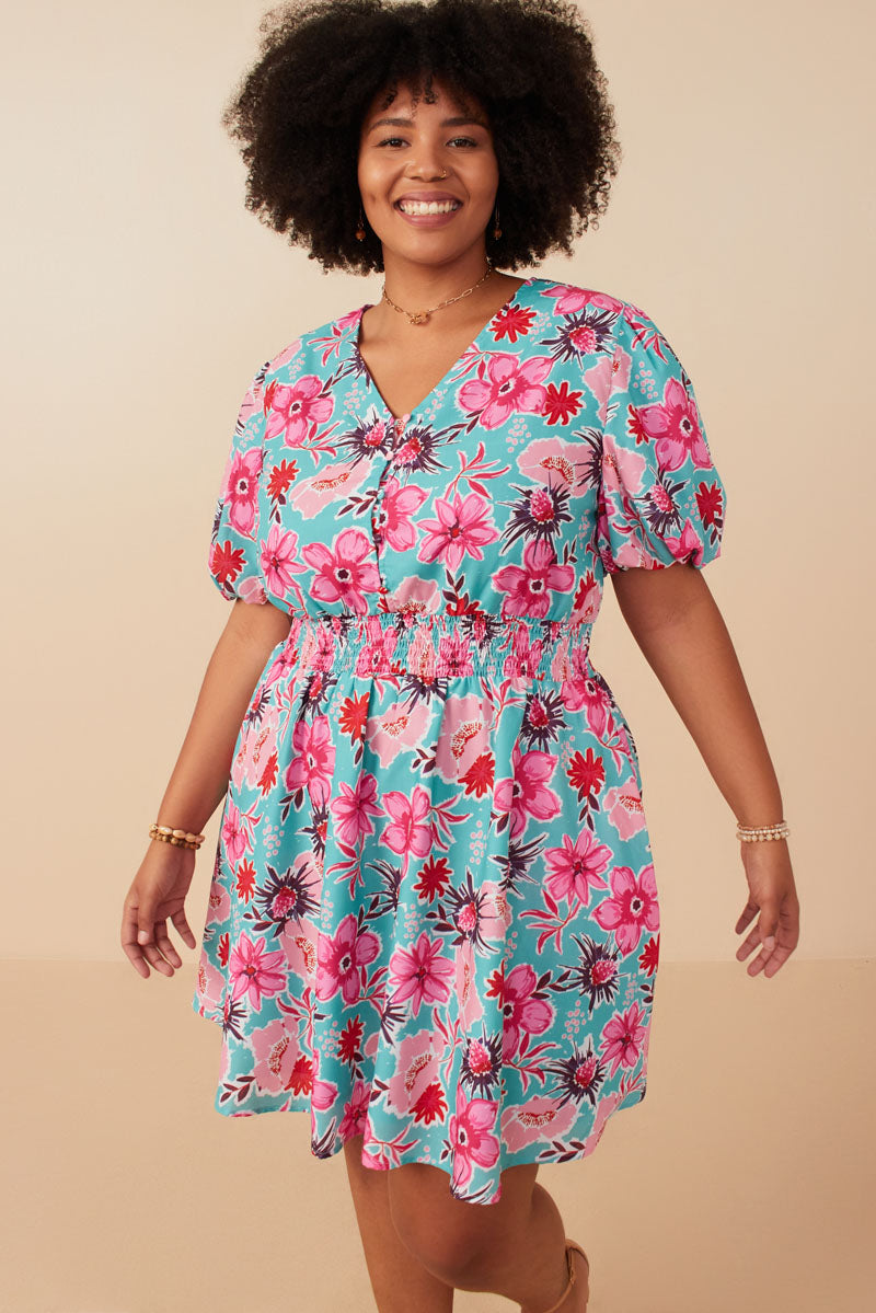 Womens Floral Print Smocked Waist Button Dress| Cute Girls' Clothes Mint / L Mint *Women's Dresses Casual Dresses Hayden Girls