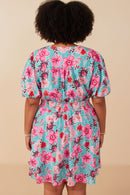 HY7933W Mint Plus Floral Print Smocked Waist Button Dress Back