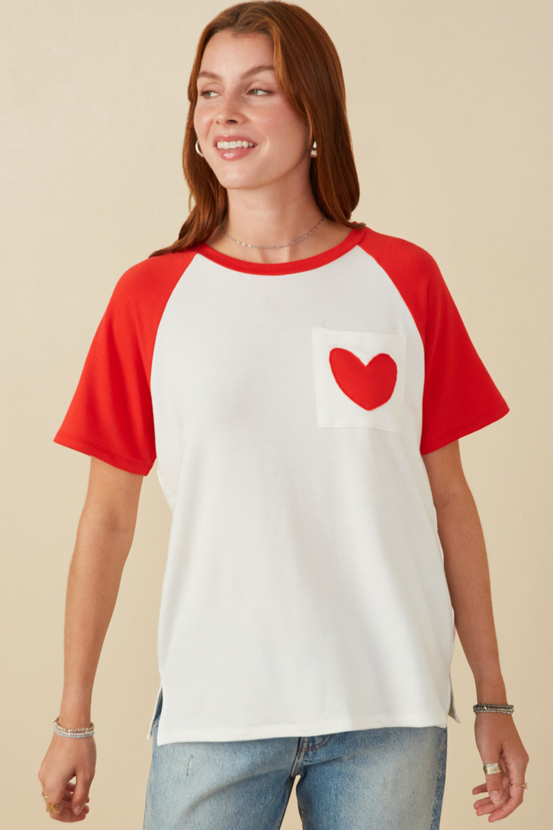 Womens Heart Patch Pocket Raglan French Terry Knit T Shirt Front