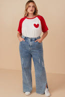 Plus Heart Patch Pocket Raglan French Terry Knit T Shirt Full Body