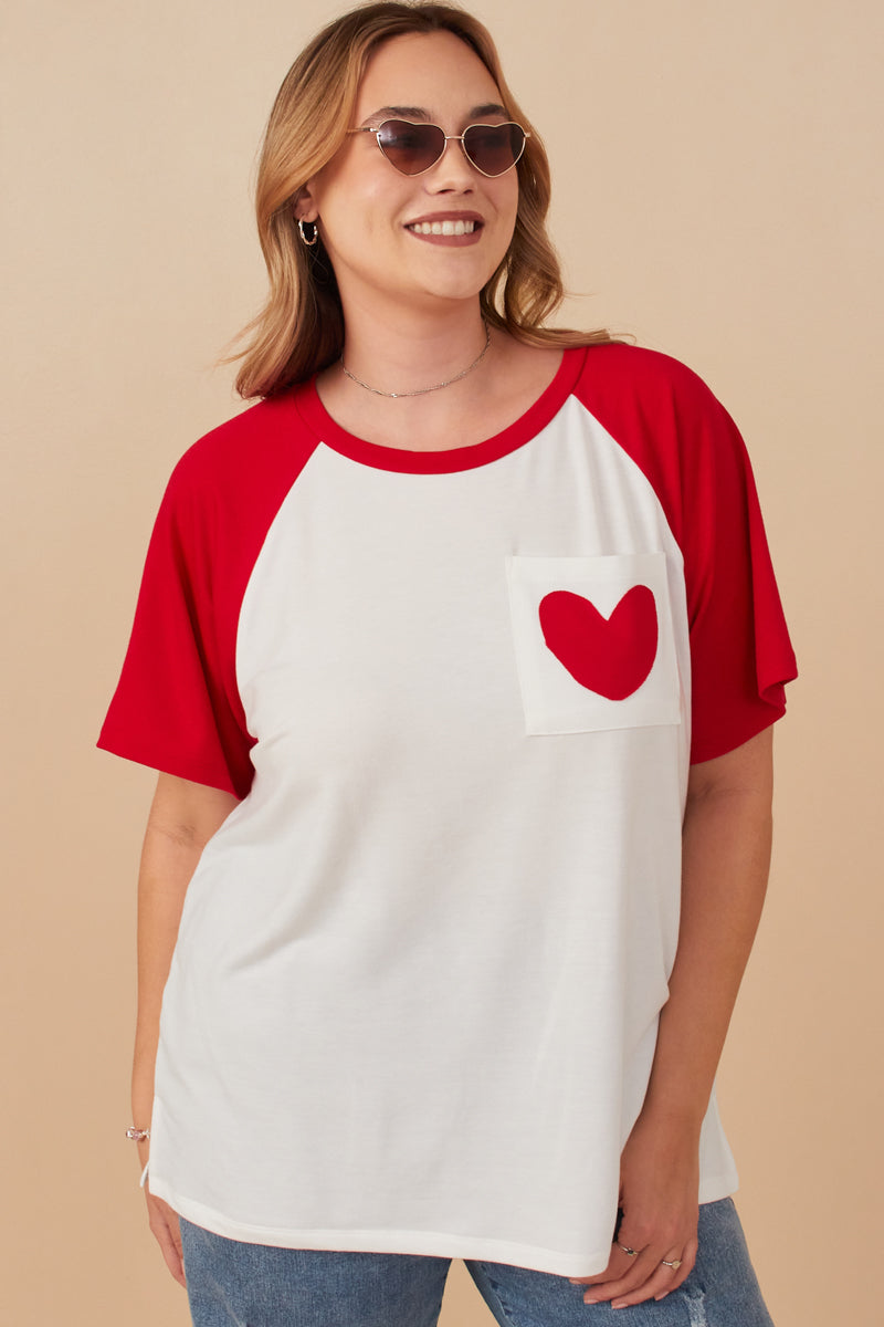 Plus Heart Patch Pocket Raglan French Terry Knit T Shirt Front