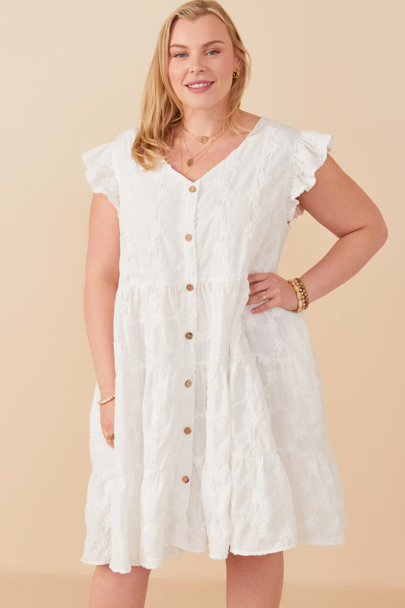 Womens Textured Floral Button Tiered Dress