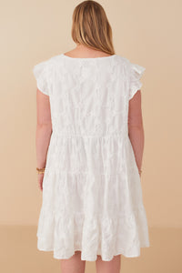 HY7990 Off White Womens Textured Floral Button Tiered Dress Back