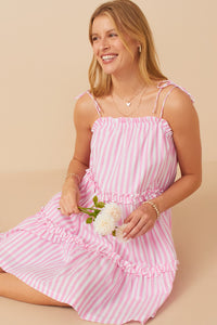 HY7999 Pink Ruffle Trimeed Poplin Stripe Dress Front