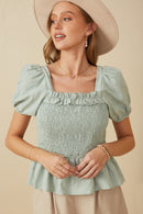 HY8149 MINT Womens Ruffle Detail Smocked Floral Embroidered Top Front