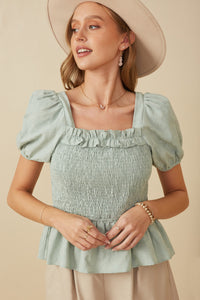 HY8149 MINT Womens Ruffle Detail Smocked Floral Embroidered Top Front