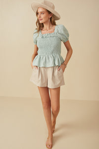 HY8149 MINT Womens Ruffle Detail Smocked Floral Embroidered Top Full Body