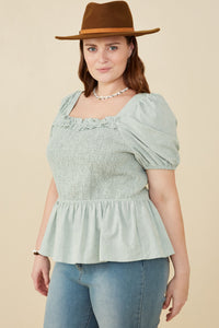 HY8149W MINT Womens Ruffle Detail Smocked Floral Embroidered Top Side