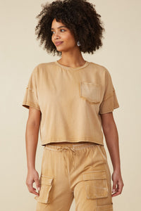 HY8168 Taupe Womens Washed Raw Edge Detail Pocket T Shirt Front