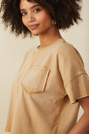 HY8168 Taupe Womens Washed Raw Edge Detail Pocket T Shirt Detail
