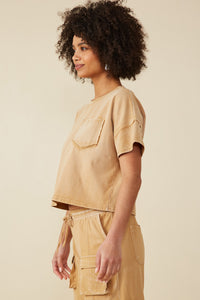 HY8168 Taupe Womens Washed Raw Edge Detail Pocket T Shirt Side