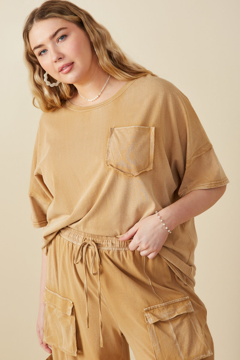 Womens Washed Raw Edge Detail Pocket T Shirt