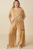 HY8168W Taupe Plus Washed Raw Edge Detail Pocket T Shirt Pose