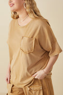 HY8168W Taupe Plus Washed Raw Edge Detail Pocket T Shirt Detail