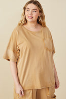 HY8168W Taupe Plus Washed Raw Edge Detail Pocket T Shirt Front 2
