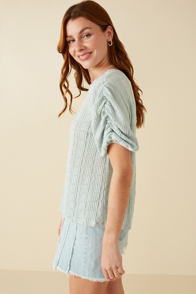 Womens Textured Gathered Sleeve Stretch Knit Top