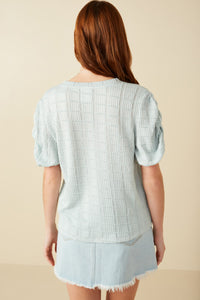 HY8247 Mint Womens Textured Gathered Sleeve Stretch Knit Top Back