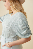 HY8247W Mint Plus Textured Gathered Sleeve Stretch Knit Top Detail