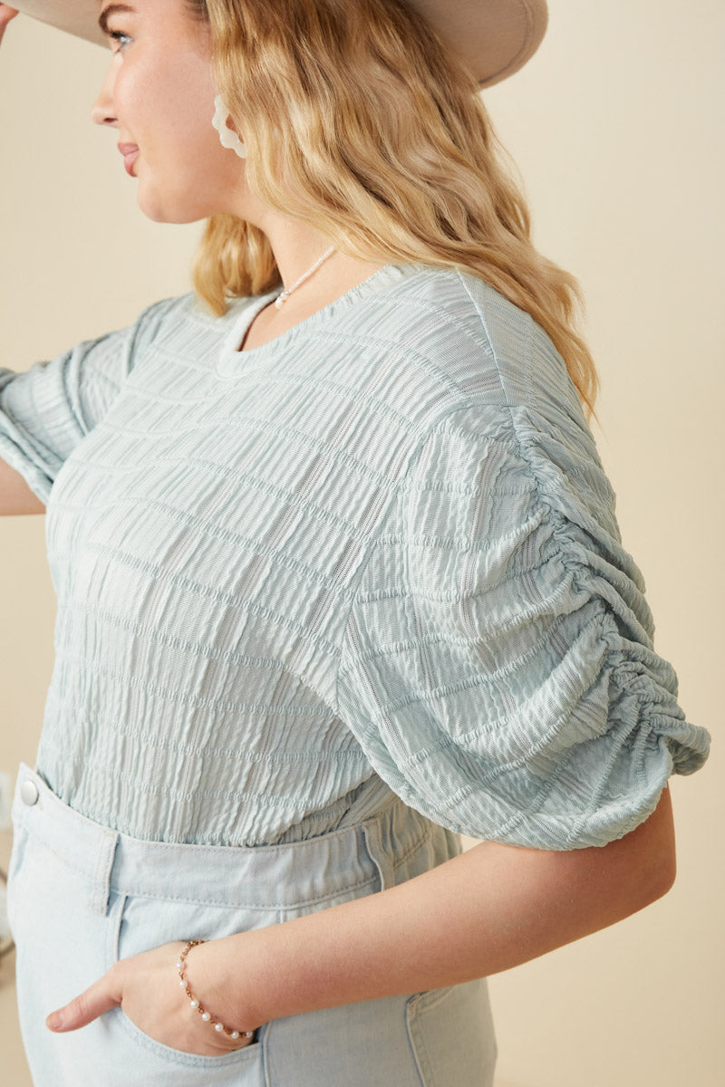 HY8247W Mint Plus Textured Gathered Sleeve Stretch Knit Top Detail